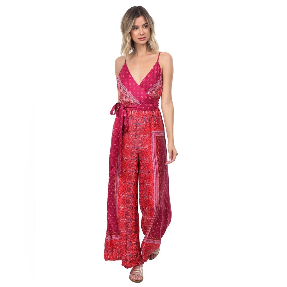 Free People Pink & Red Paisley Wrap Jumpsuit